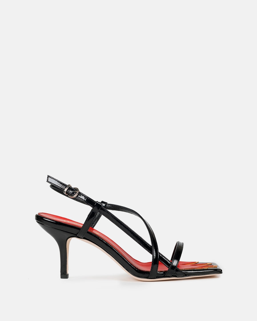 HAVVA black asymmetrical sandal with flame design within the insole