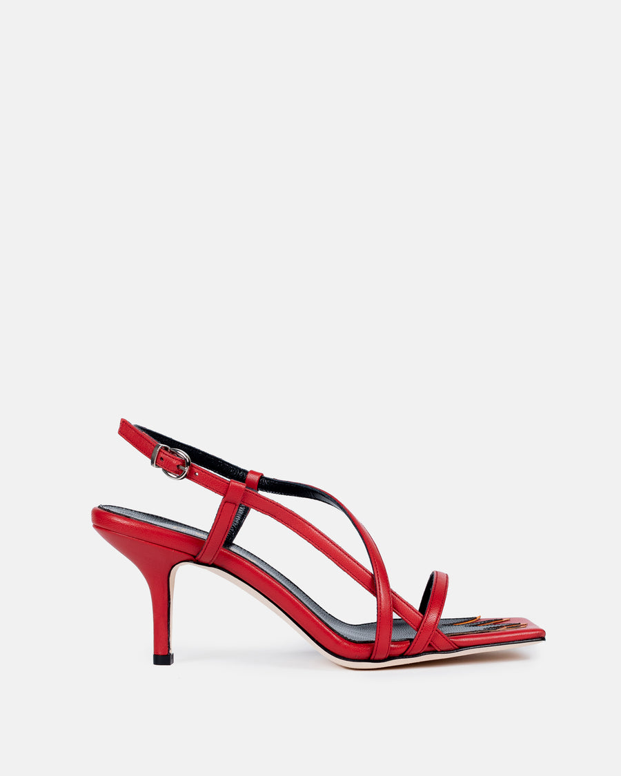 HAVVA red asymmetrical sandal with flame design within the insole