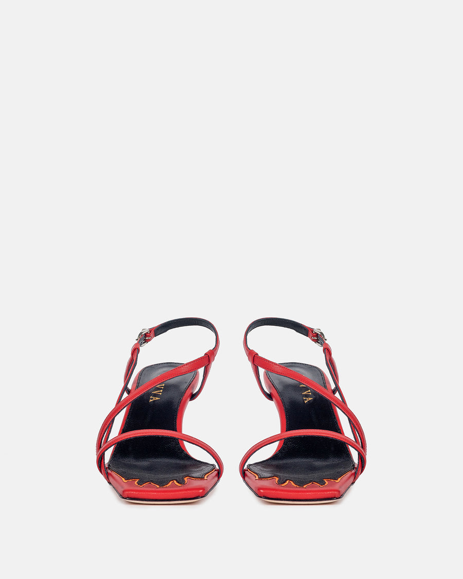 HAVVA red asymmetrical sandal with flame design within the insole