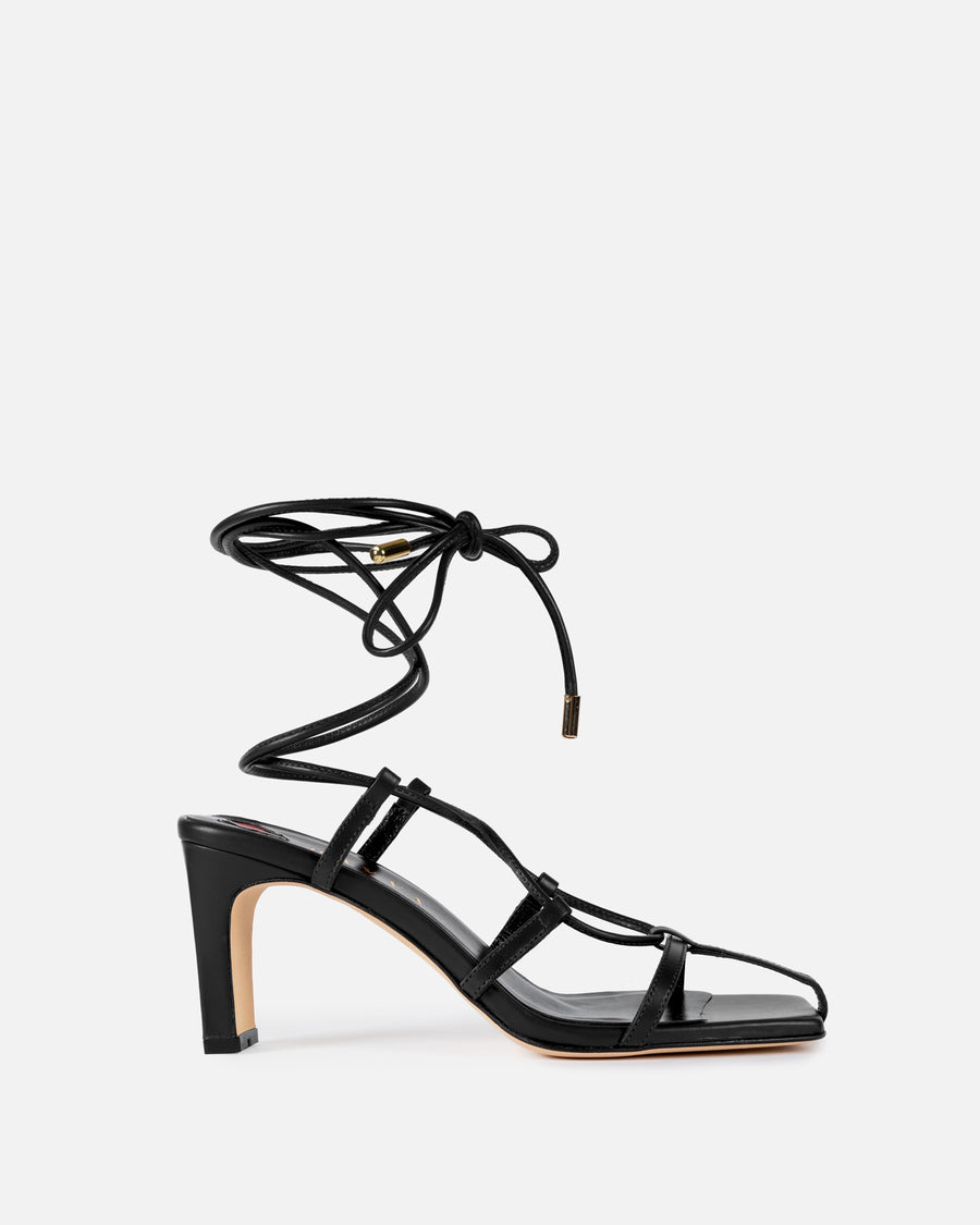 HAVVA HB lace up sandal in black leather with red motif heart in sole