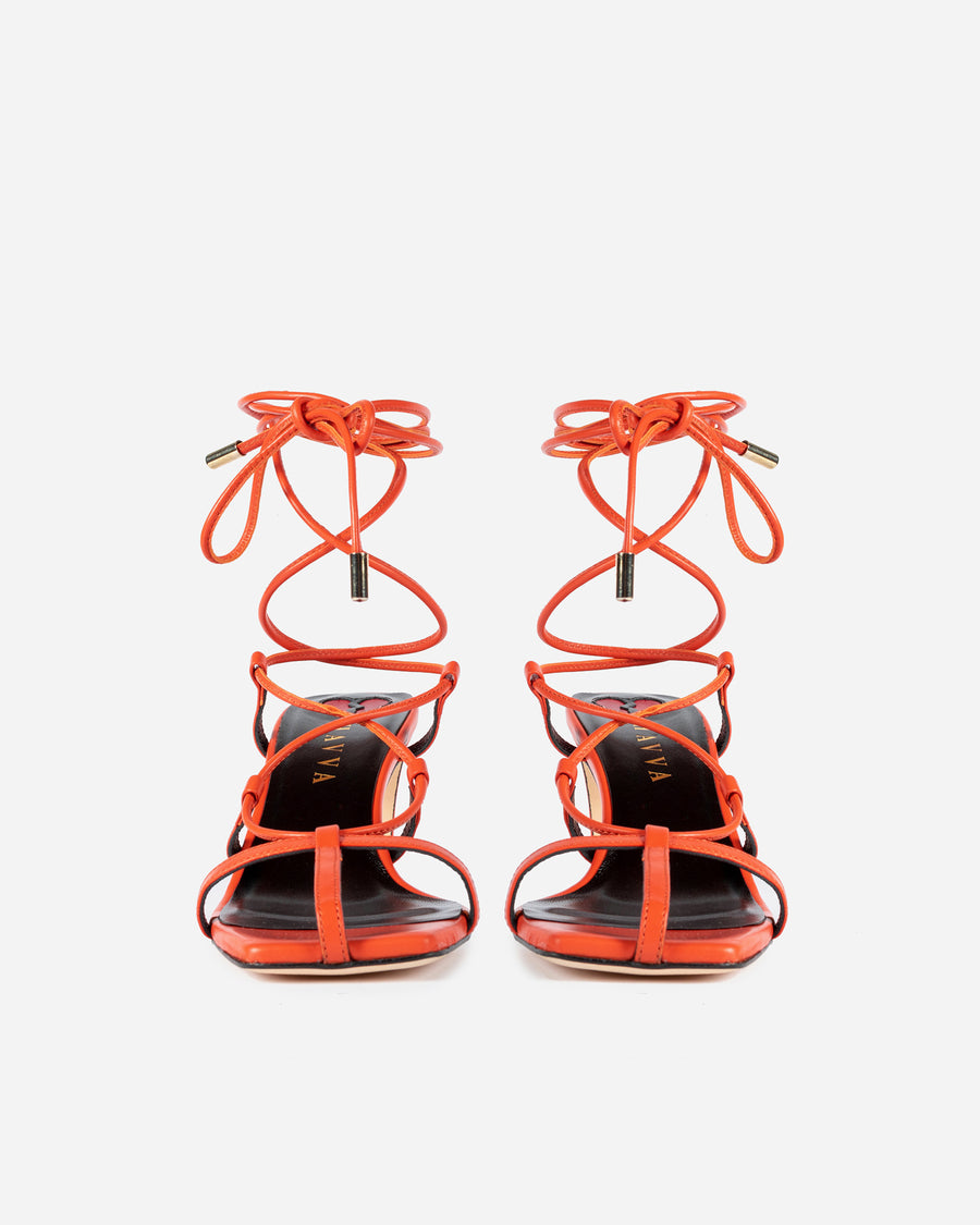 HAVVA HB lace up sandal in tangerine orange leather with red motif heart in sole