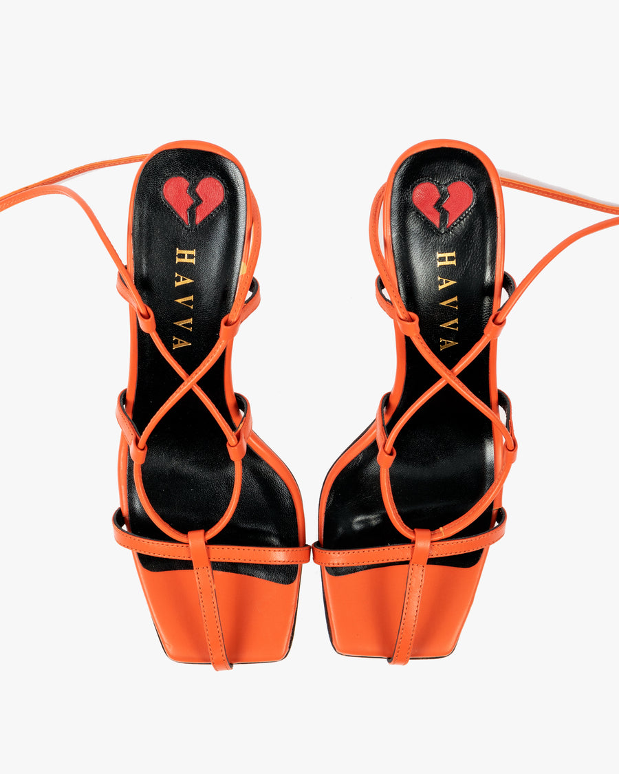 HAVVA HB lace up sandal in tangerine orange leather with red motif heart in sole