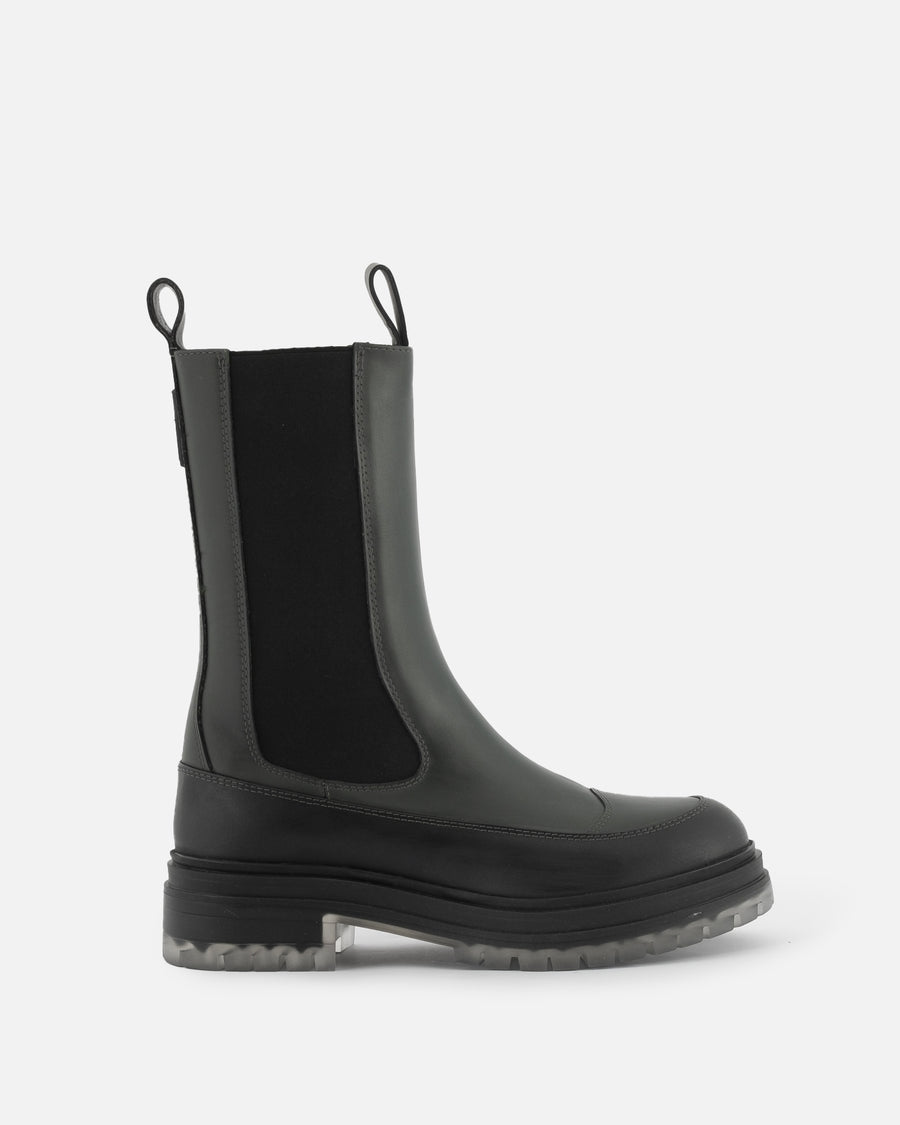 HAVVA Leviathan green chelsea boot with clear rubber sole. Side view.