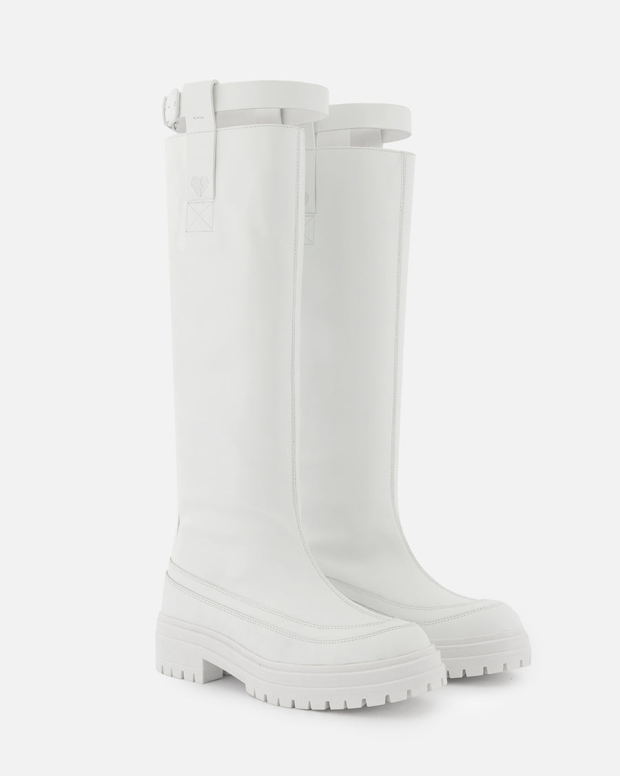 HAVVA Leviathan Fisherman boots. Tall white leather boots with a rubber sole.